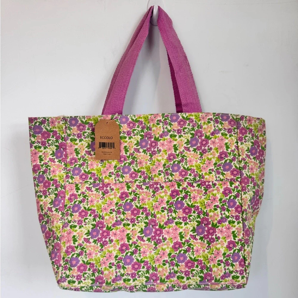 NWT Eccolo Floral Canvas Tote in Pink and Purple 14.25”W x 13.5”H x 6”D